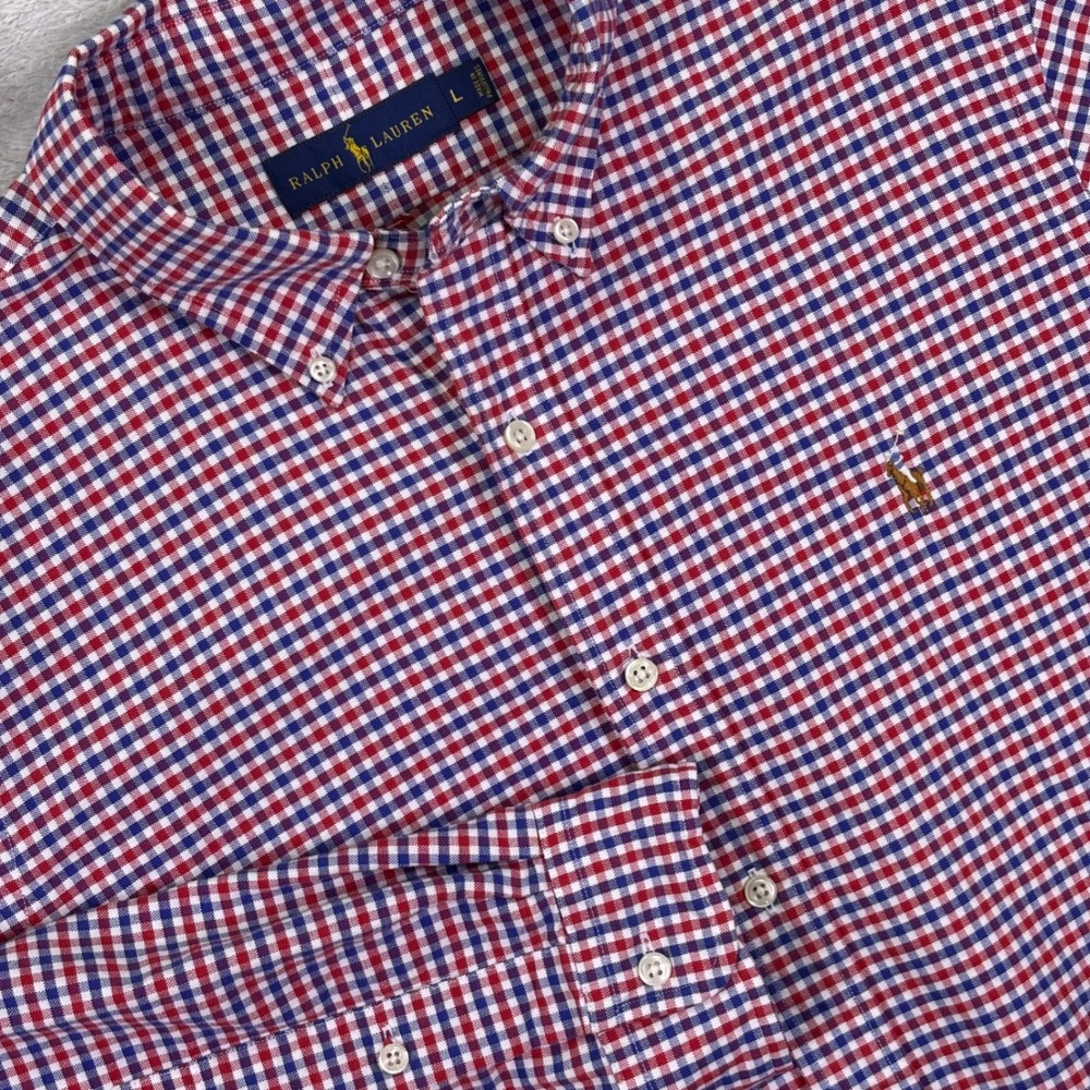Ralph Lauren Mens Button Down Shirt Sz Large Red Blue Gingham Plaid Long Sleeve